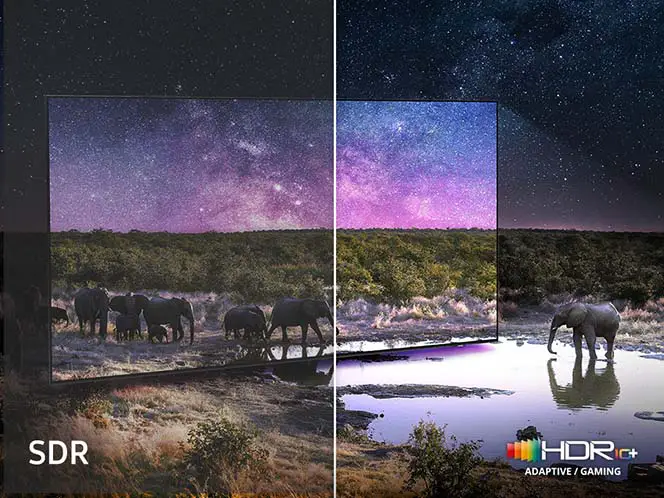 Obraz przedstawia porównanie jakości obrazu telewizora z funkcją HDR i SDR, z widocznymi słoniami przy wodopoju pod rozgwieżdżonym niebem. Po prawej stronie znajduje się logo HDR z napisem \'ADAPTIVE / GAMING\'.