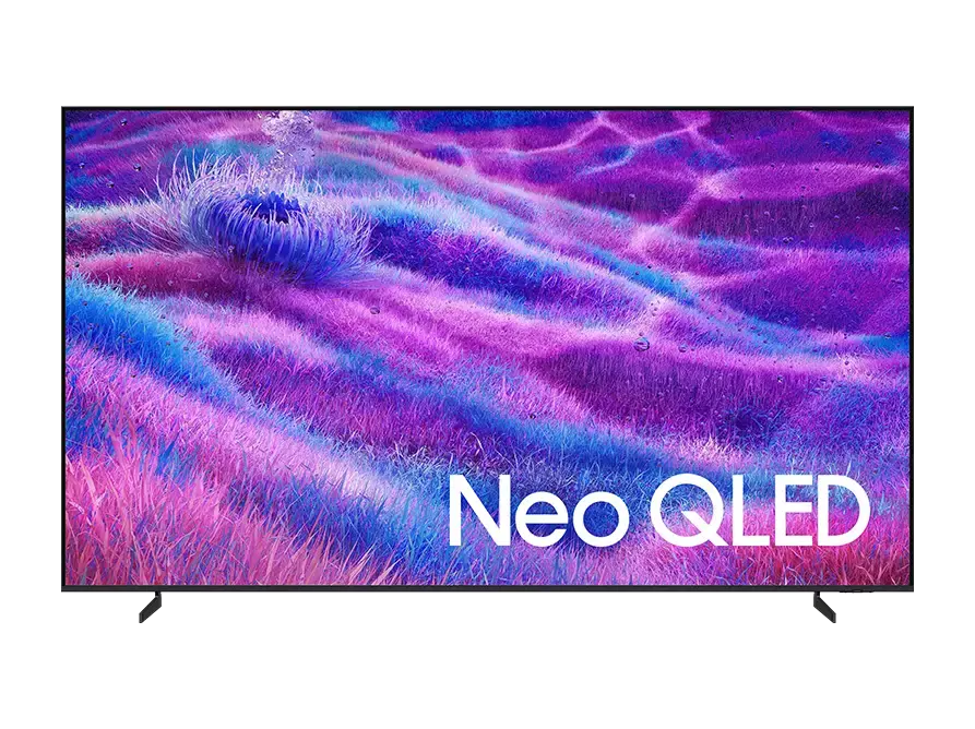 Telewizor z wyświetlaczem pokazującym kolorowy, abstrakcyjny wzór w odcieniach fioletu i niebieskiego. Na ekranie widoczny jest napis \'Neo QLED\'.