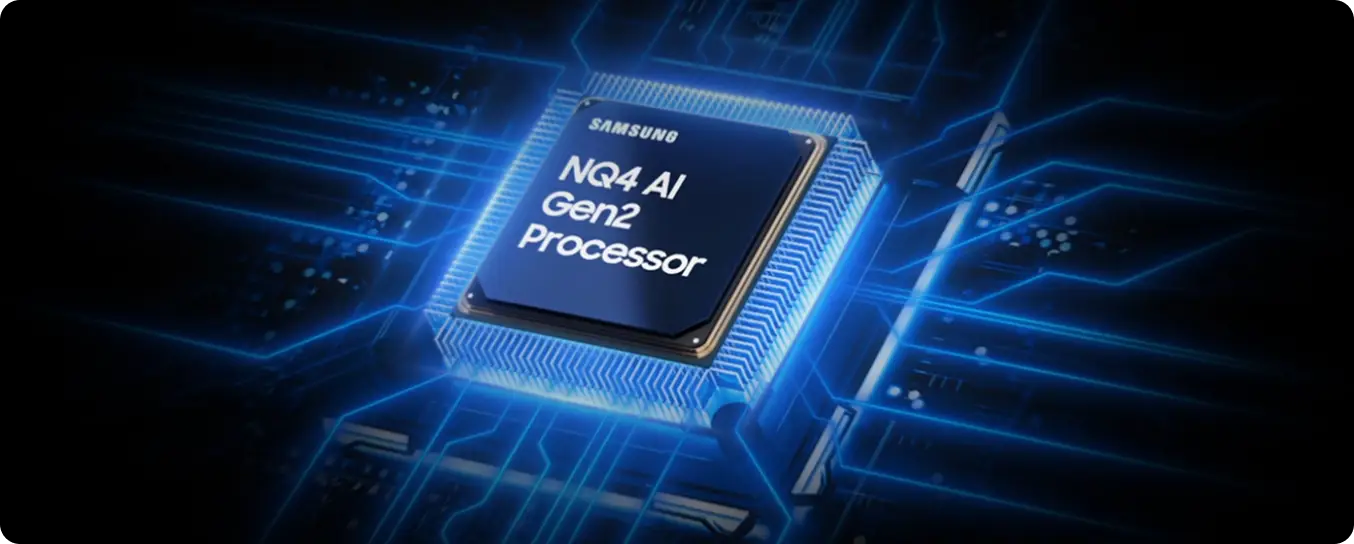 Obraz przedstawia procesor z napisem \'SAMSUNG NQ4 AI Gen2 Processor\' otoczony niebieskimi liniami przypominającymi obwody elektroniczne.