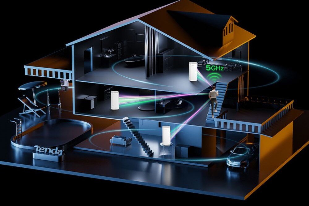 Router TENDA EE3 Pro Trójwymiarowy schemat domu z rozmieszczonymi węzłami EE3 Pro