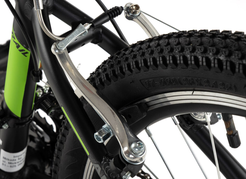 Rower młodzieżowy TRAIL 600 Alu 26 cali dla chłopca Czarno-zielony zbliżenie na tylny hamulec podstawa bezpieczeństwa hamulce V-Brake lekkie duża siła hamowania hamulce z przodu i z tyłu podwójny pakiet bezpieczeństwa