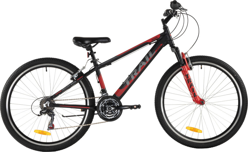 Rower młodzieżowy TRAIL 600 Alu 26 cali dla chłopca Czarno-czerwony rower na białym tle widoczny z boku góral pojazd dla sportowców do jazdy wyczynowej uniwersalny dla amatorów zwrotny łatwo wchodzi w zakręty do jazdy w mieście za miastem w lesie na górskim szlaku w błocie nie za głębokim piachu