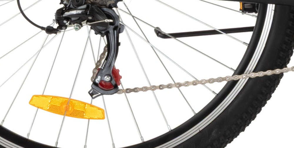 Rower młodzieżowy TRAIL 600 Alu 26 cali dla chłopca Czarno-czerwony zbliżenie na odblaski na szprychach i stopkę dzwonek komplet odblasków bezpieczeństwo rowerzysta jest lepiej widoczny łatwo dostępny dzwonek pozwala sygnalizować obecność stopka