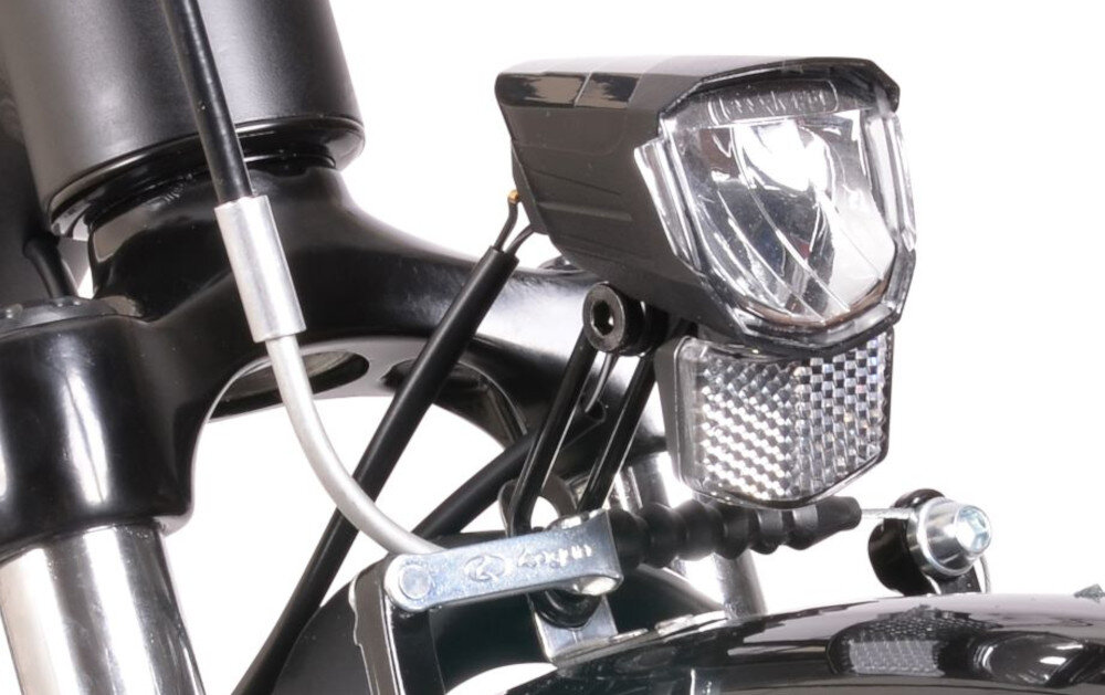 Rower trekkingowy INDIANA X-Road 3.0 M21 26 cali męski Czarny zbliżenie na przednią lampę bezpieczeństwo przednie i tylne oświetlenie odpowiednia widoczność bezpieczeństwo na drodze wymagane przez prawo drogowe