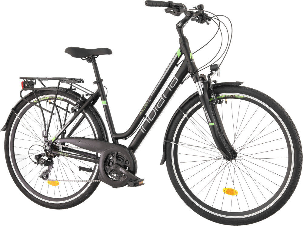 Rower trekkingowy INDIANA X-Road 1.0 D21 28 cali damski Czarno-zielony rower na białym tle widoczny od przodu pod skosem do jazdy w mieście poza miastem dla kobiet komfort jazdy po asfalcie po nieutwardzonych drogach trekkingowa geometria jazda w niemęczącej naturalnej wyprostowanej pozycji