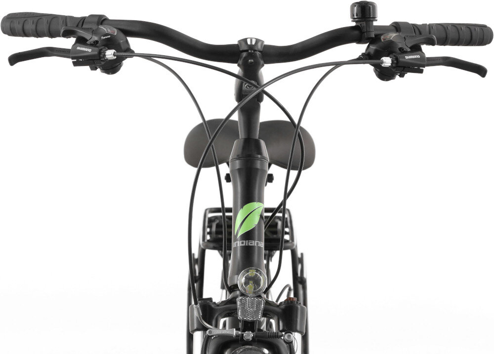 Rower trekkingowy INDIANA X-Road 1.0 D21 28 cali damski Czarno-zielony kierownica widoczna od przodu na białym tle kierownica marki SIXTY typu NR-16 610 mm regulowany wspornik marki ENRICO typu JDCM 3404-5 dopasować kąt kierownicy do swoich potrzeb antypoślizgowy materiał dzwonek