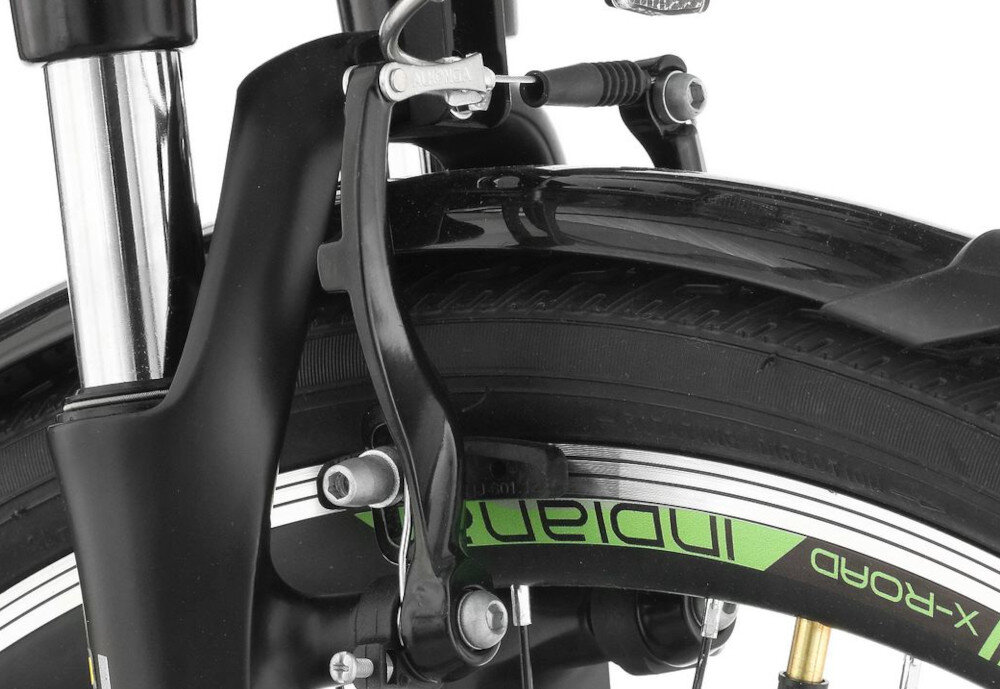 Rower trekkingowy INDIANA X-Road 1.0 D21 28 cali damski Czarno-zielony zbliżenie na przedni hamulec podstawa bezpieczeństwa hamulce V-Brake lekkie duża siła hamowania hamulce z przodu z tyłu podwójny pakiet bezpieczeństwa