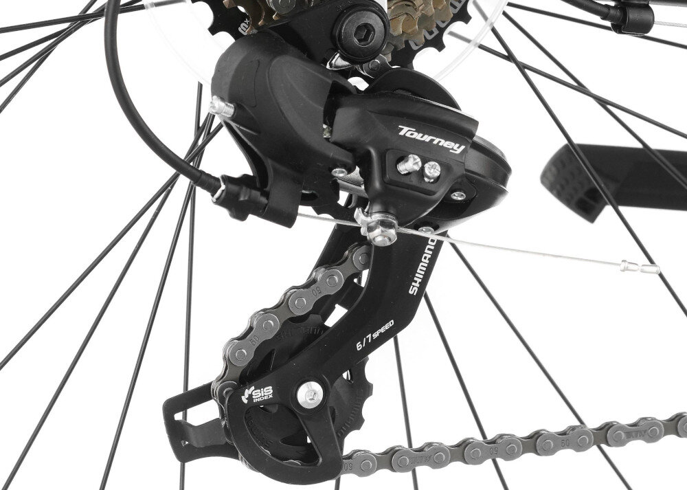 Rower trekkingowy INDIANA X-Road 1.0 D21 28 cali damski Czarno-zielony zbliżenie na przerzutkę przerzutki marki SHIMANO 21 biegów duża wytrzymałość i sprawne działanie płynna bezproblemowa zmiana biegów przednia i tylna przerzutka SHIMANO Tourney