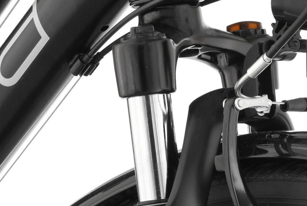 Rower trekkingowy INDIANA X-Road 1.0 D21 28 cali damski Czarno-zielony zbliżenie na amortyzator rower typu hardtail przedni amortyzator marki ZOOM typ 730P(AMS)-28 35T/30 skuteczne tłumienie drgań komfort i stabilność prowadzenia prosta konstrukcja wygoda bezpieczeństwo