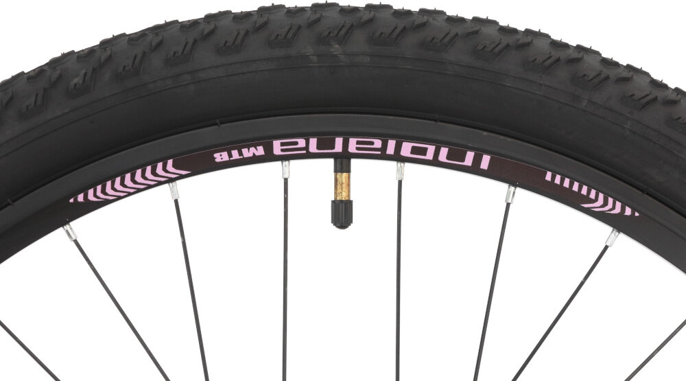 Rower górski MTB INDIANA X-Pulser 2.6 D19 26 cali damski Czarno-fioletowy zbliżenie na oponę rozmiar koła 26 cali łatwe pokonywanie przeszkód duży kontakt koła z podłożem szerokie opony marki WANDA dobra przyczepność stożkowe obręcze zachowanie regularnego kształtu kół stabilne trzymanie opony bezpieczna i komfortowa jazda regularne sprawdzanie ciśnienia powietrza wartość na bocznej części opony