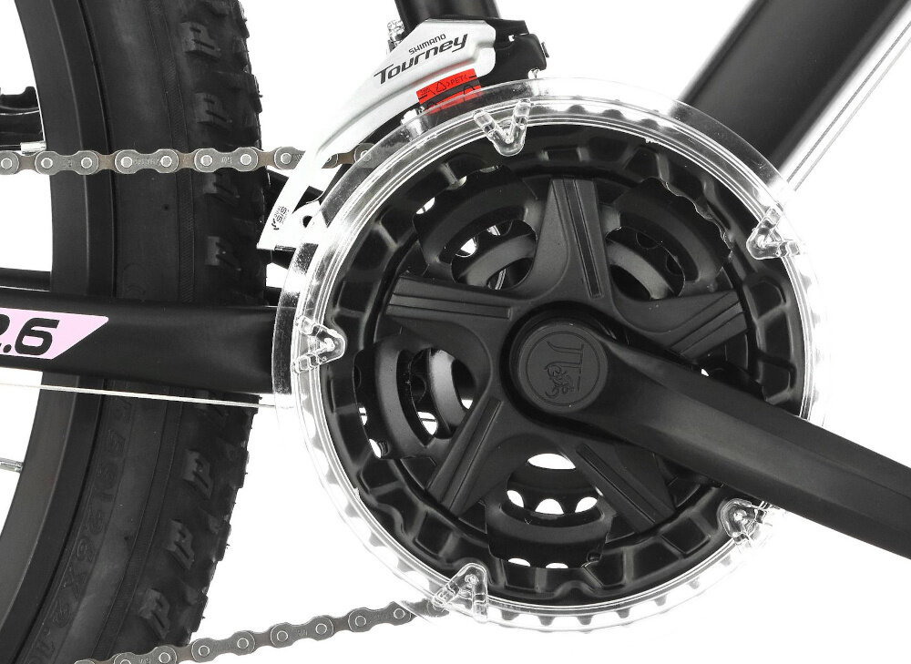 Rower górski MTB INDIANA X-Pulser 2.6 D19 26 cali damski Czarno-fioletowy zbliżenie na korbę lekka i wydajna konstrukcja korby marki X-LINE typu XLR8 42T/34/24x170 X-Line ED wolnobieg marki SHIMANO typu MF-TZ500-7S solidność wytrzyma bardzo duży nacisk na pedały