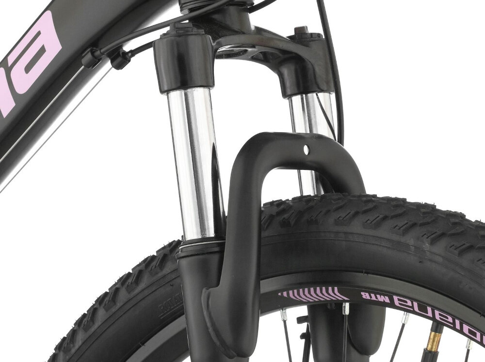 Rower górski MTB INDIANA X-Pulser 2.6 D19 26 cali damski Czarno-fioletowy zbliżenie na amortyzator rower typu hardtail przedni amortyzator marki ZOOM typu 389A(AMS)-26 0T/30 C3 skuteczne tłumienie drgań komfort i stabilność prowadzenia prosta konstrukcja wygoda bezpieczeństwo