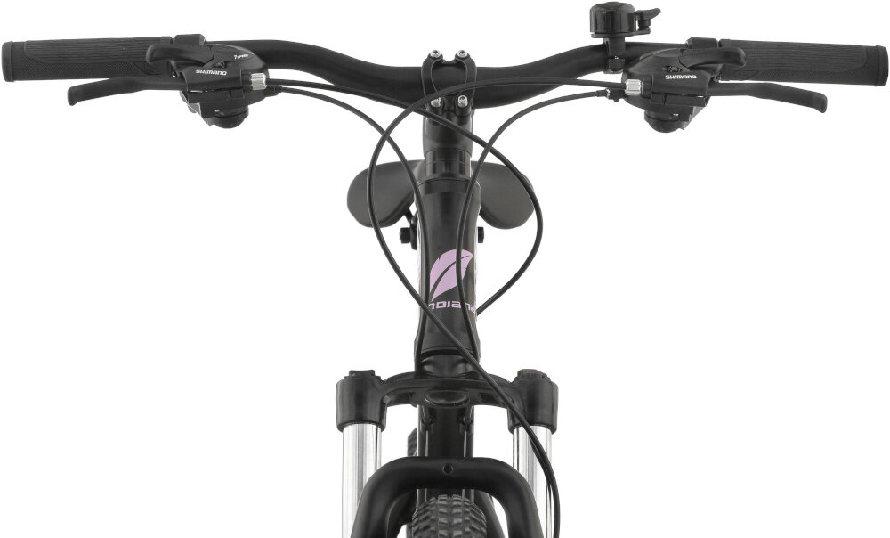Rower górski MTB INDIANA X-Pulser 2.6 D19 26 cali damski Czarno-fioletowy kierownica na białym tle stalowa kierownica marki SIXTY typu MHBA-6012-640X31.8 STAL ED aluminiowy wspornik marki MAGIX typu A6938-31.8 E:70 ED lekkość wytrzymałość ze stopu aluminium sztywność przy niskiej masie waga roweru 15 kg odporność na korozję łatwość dopasowania ustawień antypoślizgowy materiał