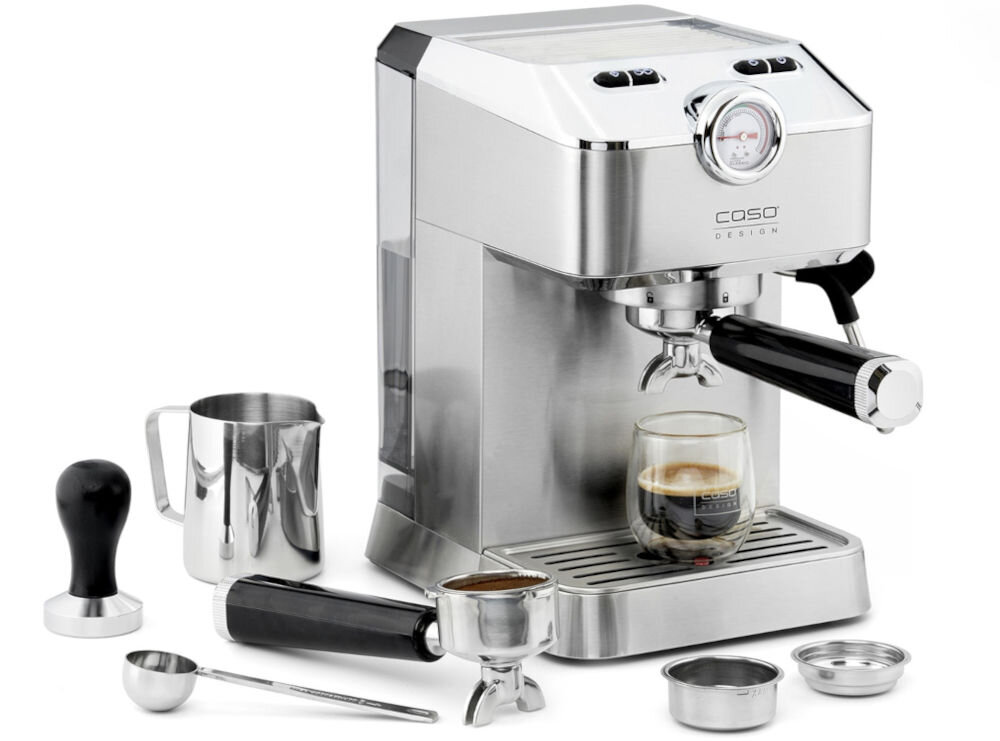 Ekspres CASO Espresso Gourmet 1820 spieniacz do mleka wkładki filtracyjne tamper z wyjmowanym czarnym uchwytem łyżka pomiarowa dzbanek na mleko