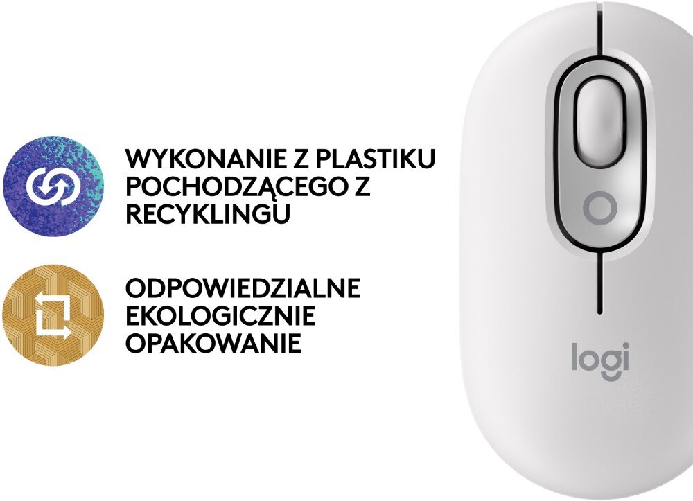 Mysz LOGITECH POP Mouse Off White widok myszy od góry z informacjami o ekologii