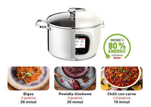 Multicooker TEFAL Cook4Me Touch Pro z porównaniem czasu gotowania potraw: bigos, powidła śliwkowe, chilli con carne.