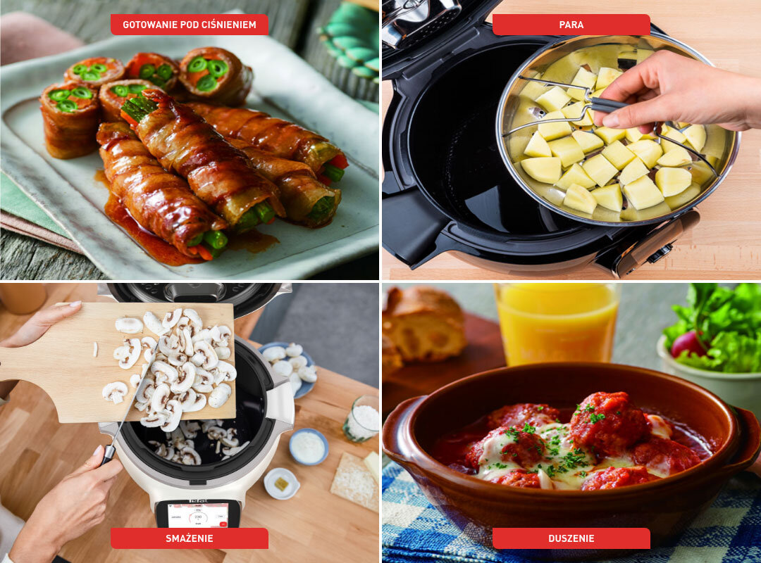 Cztery tryby gotowania w urządzeniu TEFAL: gotowanie pod ciśnieniem, para, smażenie i duszenie potraw.
