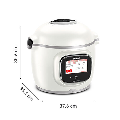 Cook4me Touch Pro z oznaczeniem poszczególnych wymiarów: 35,6 cm x 35,4 cm x 37,6 cm.