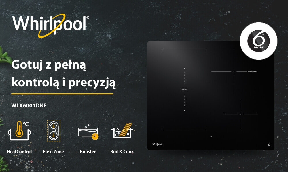 Płyta indukcyjna WHIRLPOOL WLX6001DNF wizualizacja top baner hasło reklamowe marka model funkcje ikony cechy najważniejsze wyrożniki płyta kolor czarny