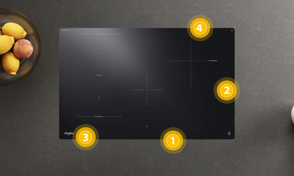 Płyta indukcyjna WHIRLPOOL WTX8015DCF wizualizacja wyróżniki punkty cyfry oznaczenia Ukryty interfejs łatwa instalacja proste sterowanie 18 poziomów mocy