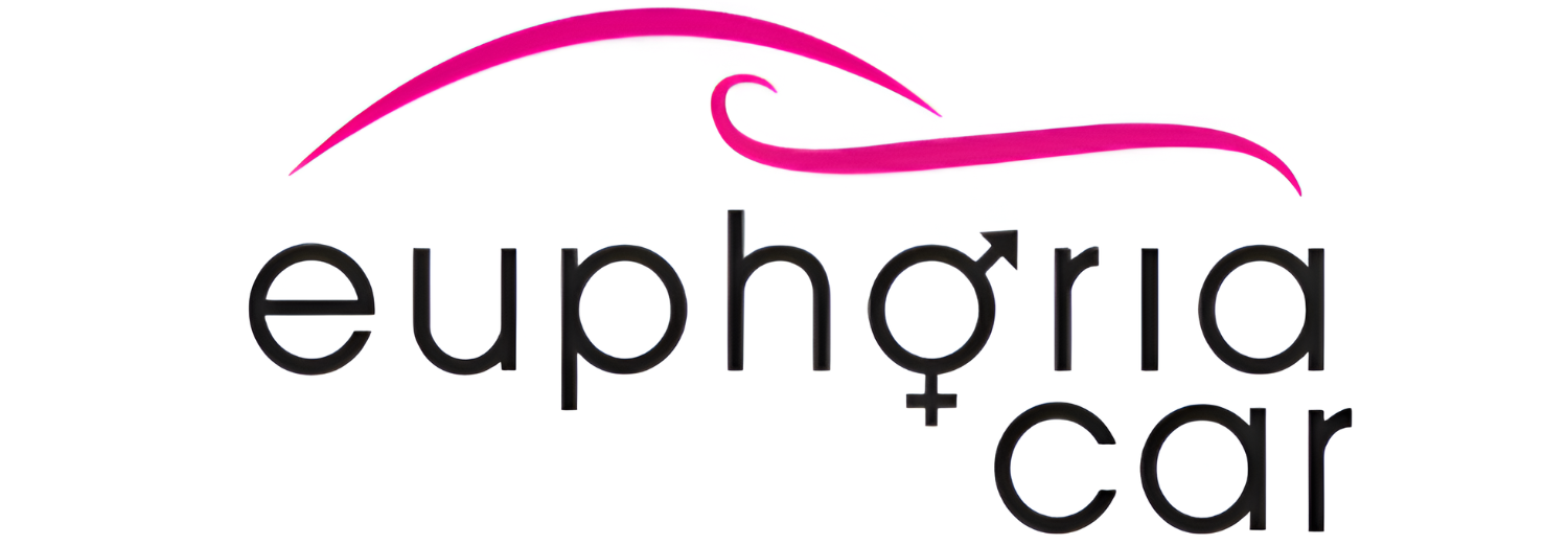 Logo z napisem \'euphoria car\' z różowym, falistym elementem nad literami.