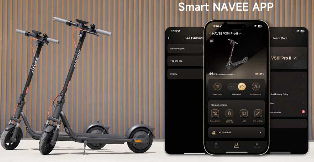 Hulajnoga elektryczna NAVEE V25i Pro 2 20km 300W 10 cali Czarny dwie hulajnogi oparte na stopkach stoją na chodniku obok zdjęcie telefonu z włączoną aplikacją wbudowany moduł Bluetooth aplikacja mobilna NAVEE App na systemy Android i iOS