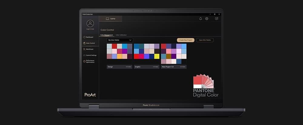 Interfejs aplikacji ProArt Creator Hub na laptopie ASUS z paletą kolorów, kontrolą wydajności i ustawieniami kalibracją kolorów na ciemnym tle - ProArt Creator Hub 