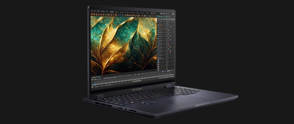  Laptop ASUS ProArt StudioBook z aplikacją do edycji wideo wyświetlającą abstrakcyjne kolorowe wzory w odcieniach czerwieni i różu na czarnym tle - NVIDIA GeForce RTX, NVIDIA Studio, dysk SSD PCIe NVMe 