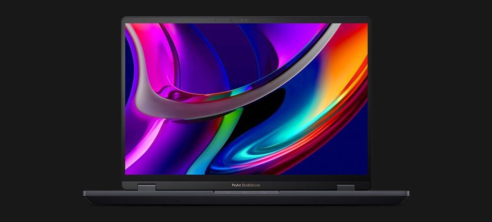  Laptop ASUS ProArt StudioBook z ekranem OLED HDR wyświetlającym żywe kolorowe abstrakcyjne kształty w odcieniach fioletu, różu i pomarańczy na czarnym tle - Ekran 3,2K OLED z 120 Hz 