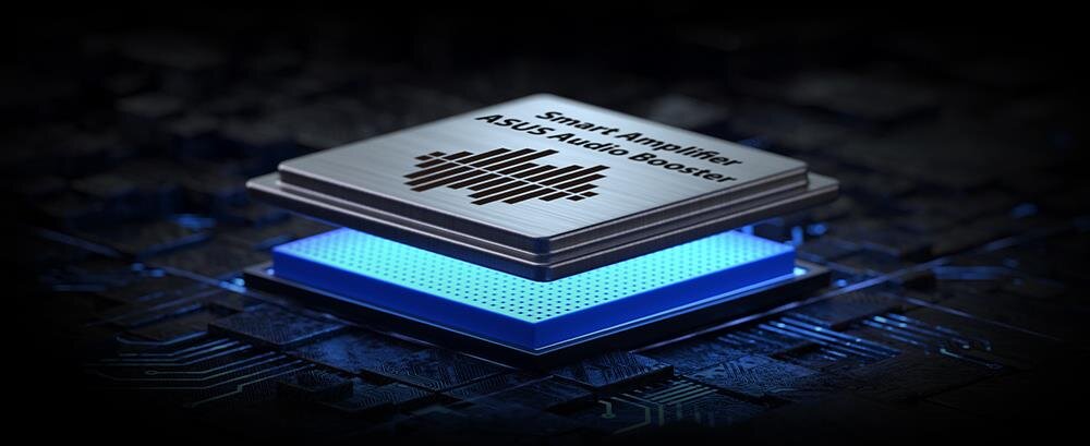 Interfejs aplikacji ASUS Audio Booster z ekwalizatorem graficznym, suwakami częstotliwości, opcjami efektów dźwiękowych i ustawieniami profili audio na ciemnym tle - inteligentny wzmacniacz ASUS Audio Booster
