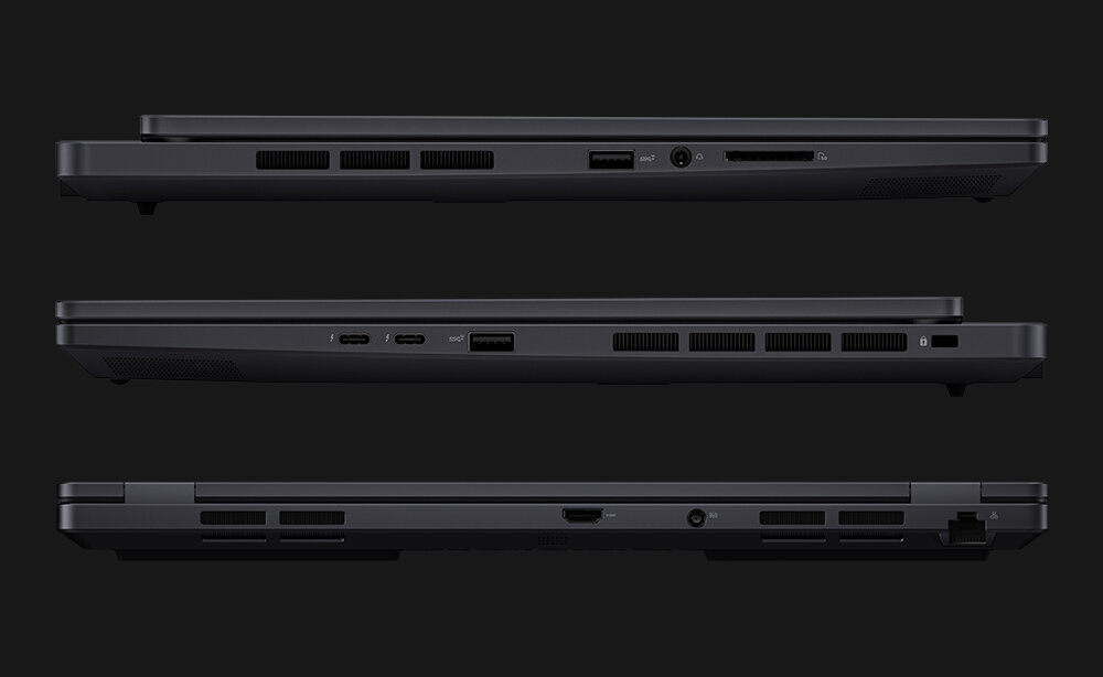Widok z boku laptopa ASUS ProArt StudioBook pokazujący porty Thunderbolt 4 i USB-C na lewej krawędzi oraz dolnej części obudowy w kolorze czarnym - Thunderbolt 4 USB-C