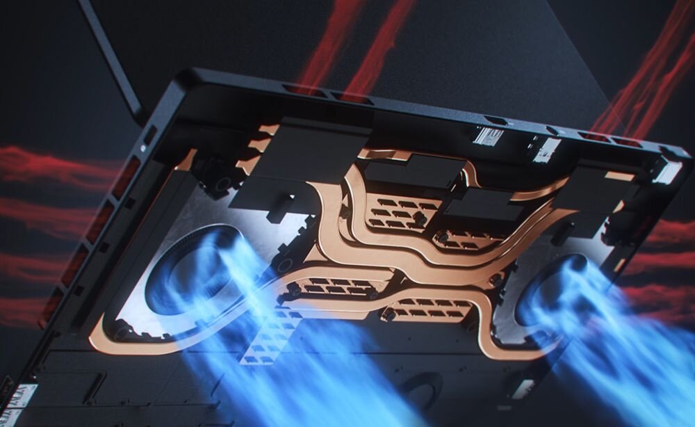 System chłodzenia ASUS IceCool Pro z miedzianymi rurkami cieplnymi i niebieskimi smugami powietrza pokazującymi przepływ termiczny w środku laptopa - Technologia IceCool Pro