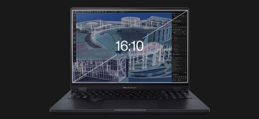 Laptop ASUS ProArt StudioBook z ekranem w proporcjach 16:10 wyświetlającym aplikację do projektowania 3D z architektonicznymi modelami budynków na ciemnym tle - ekran o proporcjach 16:10