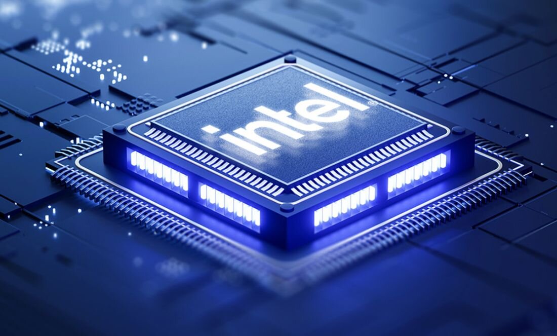 Procesor Intel Core na niebieskiej płycie głównej z dynamicznymi połączeniami świetlnymi, wizualizacja zaawansowanej technologii i wydajności w laptopach gamingowych GIGABYTE A16. - procesor Intel Core, RAM DDR5, dysk SSD