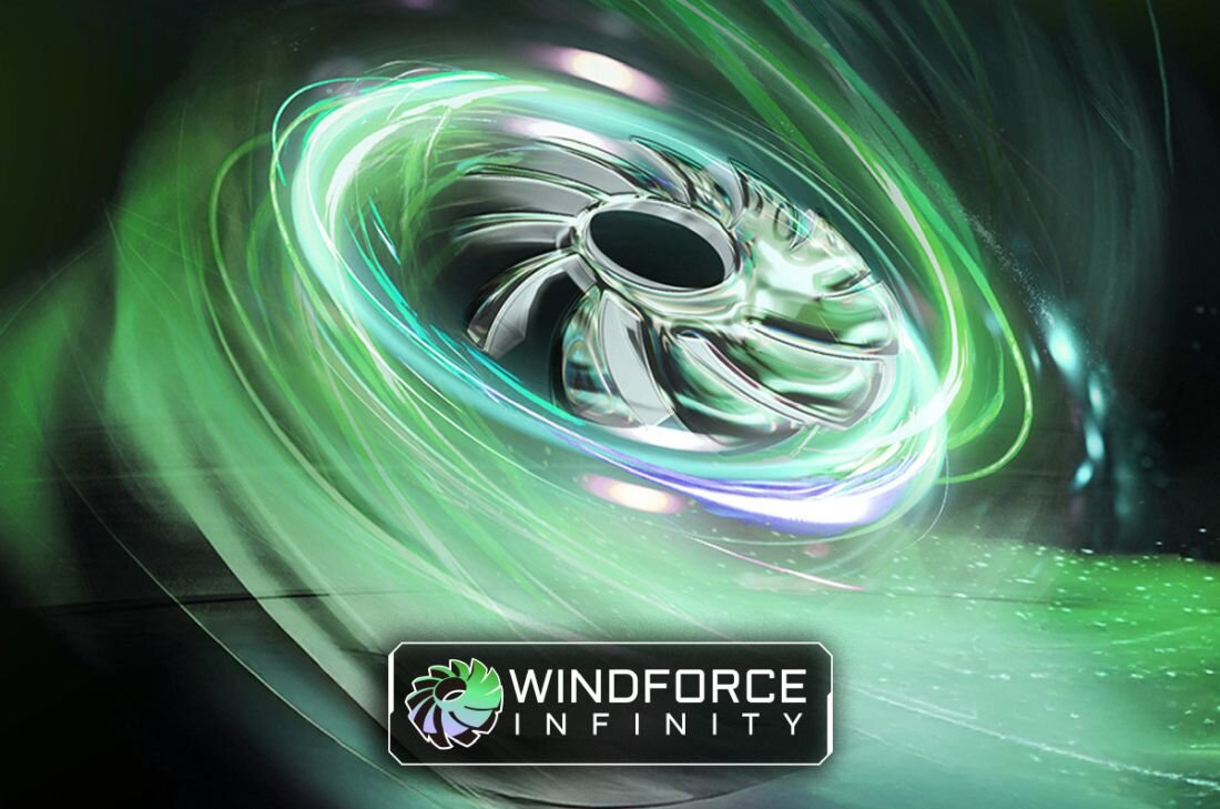 Wizualizacja systemu chłodzenia WINDFORCE Infinity w laptopie GIGABYTE AERO pokazuje intensywny przepływ powietrza. - technologia chłodzenia WINDFORCE Infinity  