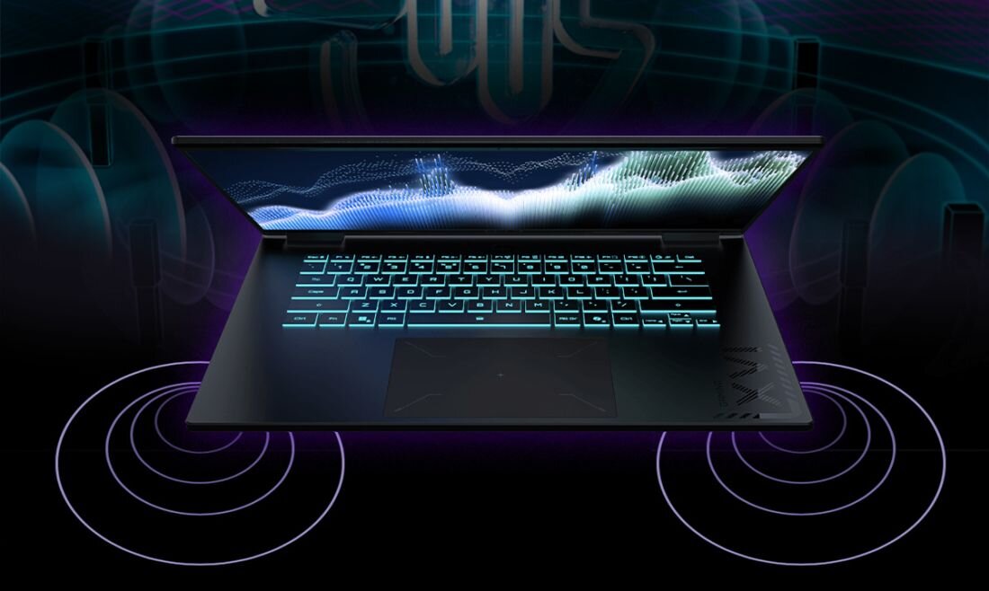 Laptop gamingowy GIGABYTE A16 z podświetlaną klawiaturą, otoczony wizualizacją fal dźwiękowych w odcieniach fioletu i błękitu, symbolizujący immersyjny dźwięk dzięki technologii Dolby Atmos. - wrażenia audio Dolby Atmos
