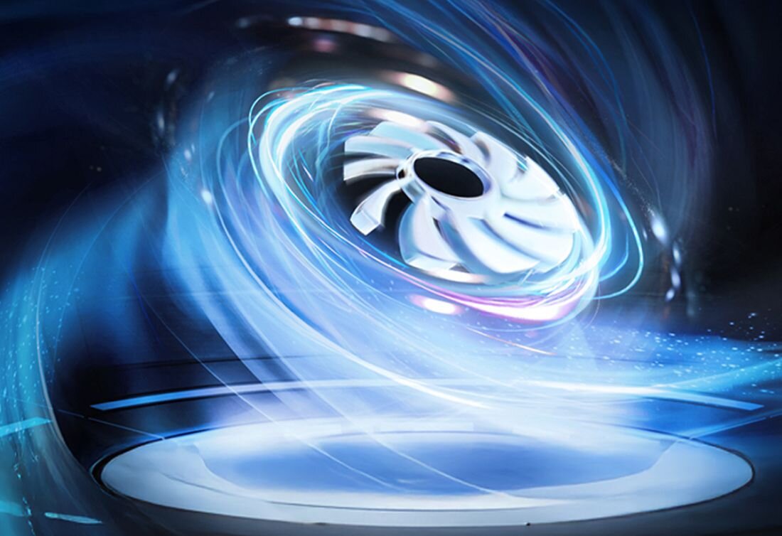 Zaawansowany system chłodzenia WINDFORCE w laptopie gamingowym GIGABYTE A16 – wentylator z niebieskimi efektami świetlnymi symbolizującymi potężny przepływ powietrza, wizualizacja technologii chłodzenia dla maksymalnej wydajności. - technologia chłodzenia WINDFORCE  