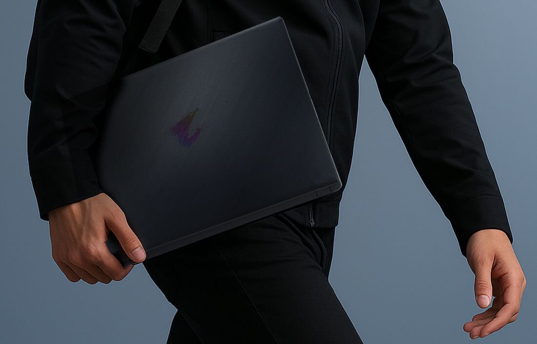 Osoba niesie laptop gamingowy GIGABYTE AORUS pod pachą, podkreślając jego mobilność i wytrzymałą baterię. - Bateria 99 Wh  Fast Charge      