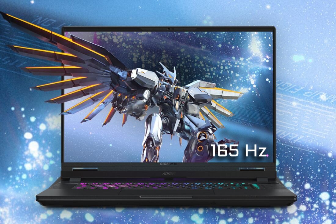 Laptop GIGABYTE AORUS wyświetla grafikę mecha na ekranie WQXGA 165 Hz zaprojektowanym dla płynnej rozgrywki gamingowej. - WQXGA (2560×1600 px) 165 Hz  