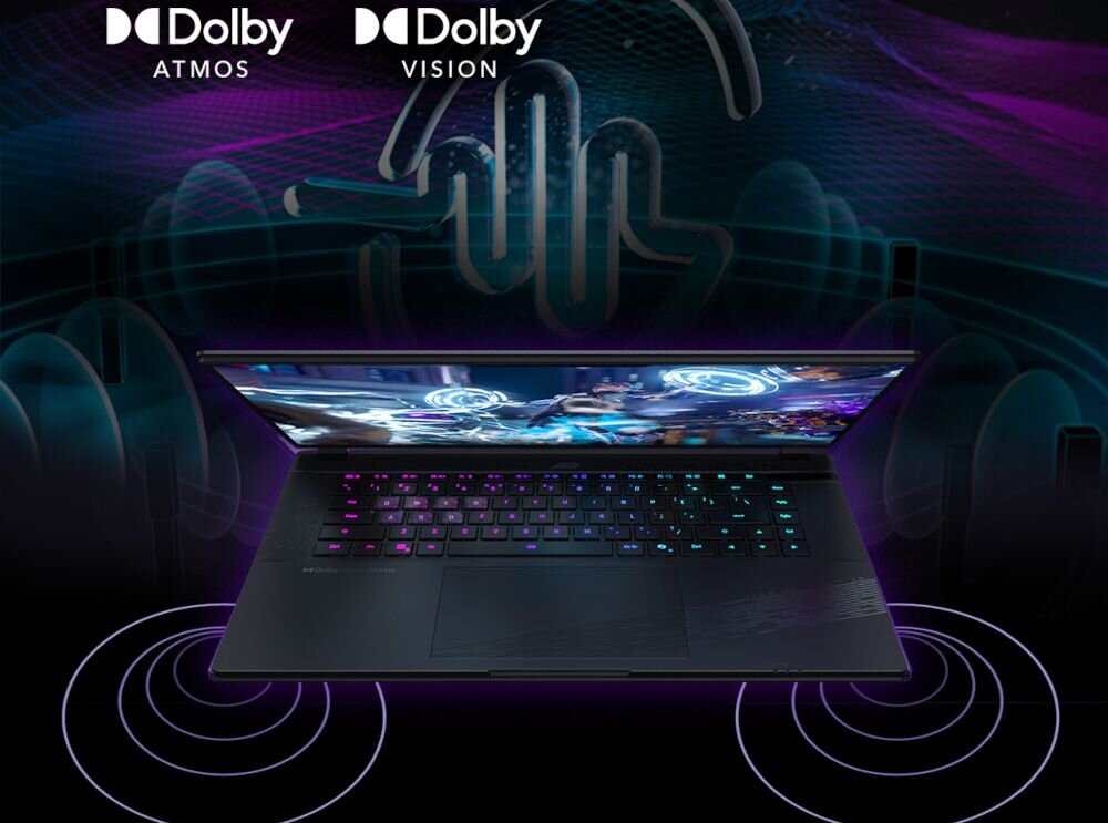 Laptop GIGABYTE AORUS wykorzystuje Dolby Vision i Dolby Atmos, podkreślając immersyjne wrażenia audio‑wideo podczas gamingu. - Dolby Vision i Atmos  