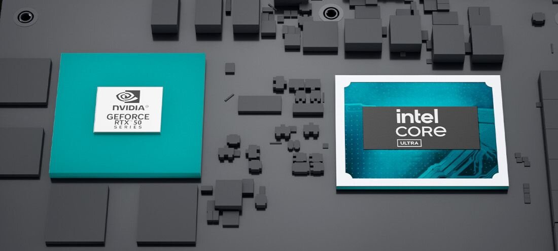 Układy NVIDIA GeForce RTX 50 Series oraz Intel Core Ultra na schematycznej płycie głównej, widok technologiczny - procesor NPU AI