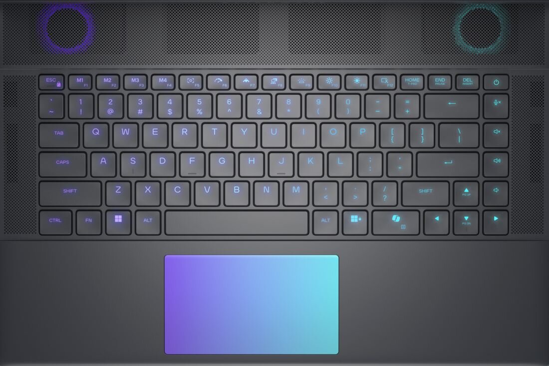   Widok z góry na klawiaturę Alienware 16 Area-51 z podświetleniem RGB fioletowo-turkusowym, czarne przyciski z turkusowymi oznaczeniami, przyciski funkcyjne ESC M1 M2 M3 M4 na górze, duży touchpad poniżej z gradientem od fioletu do turkusu, głośniki stereo z perforowaną kratką i okrągłymi pierścieniami RGB po bokach, profesjonalna klawiatura gamingowa - Ultraniskoprofilowa klawiatura mechaniczna  