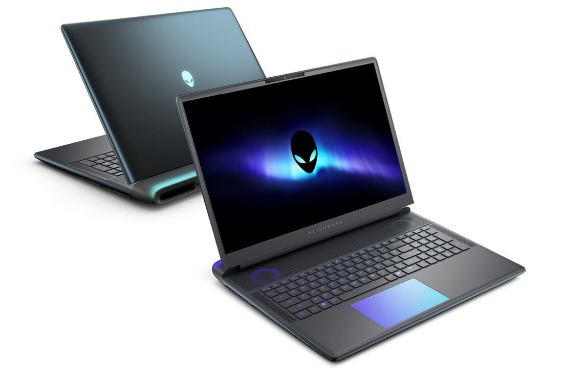 Dell Alienware 18 Area-51 w kolorze szarym z podświetlanym logo i touchpadem RGB oraz klawiaturą w różnych pozycjach na białym tle - Opis serii Alienware 