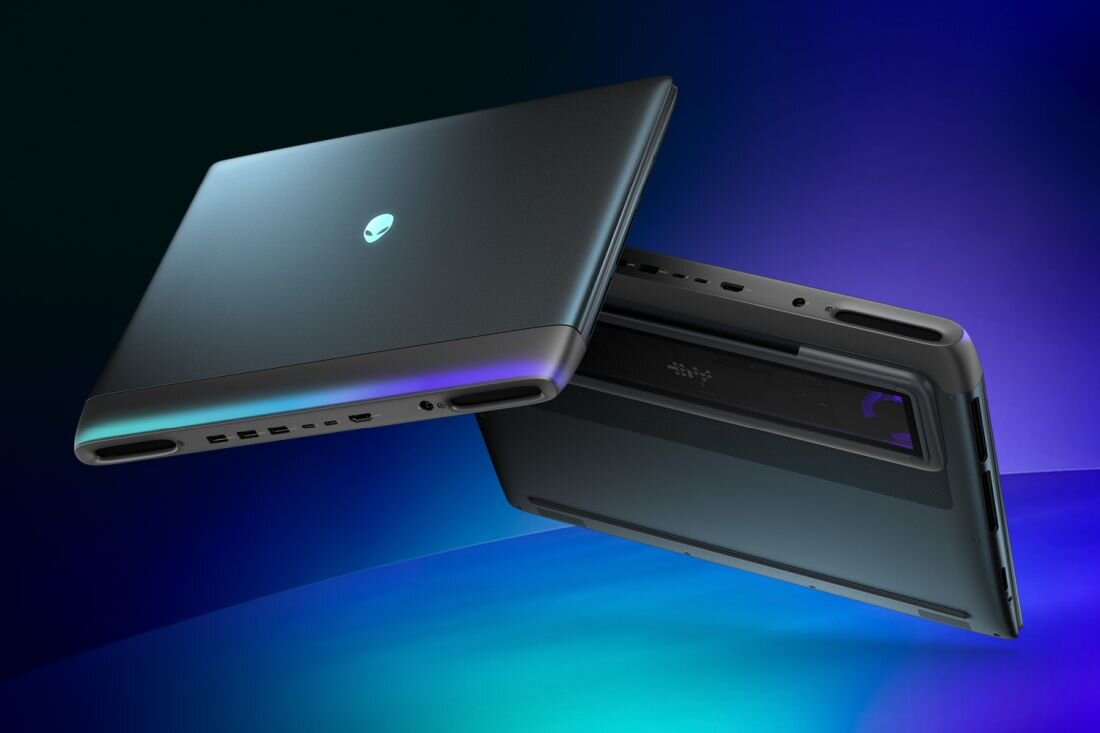 Widok boczny laptopa Dell Alienware z portami USB HDMI Thunderbolt i systemem chłodzenia z niebieskim podświetleniem na ciemnym tle - Wi-Fi 7 Bluetooth 5.4  