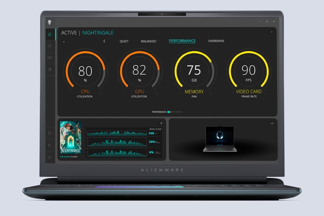 Dell Alienware z otwartym Alienware Command Center wyświetlającym wskaźniki wydajności CPU GPU memory i FPS w trybie Performance na ekranie - Alienware Command Center 