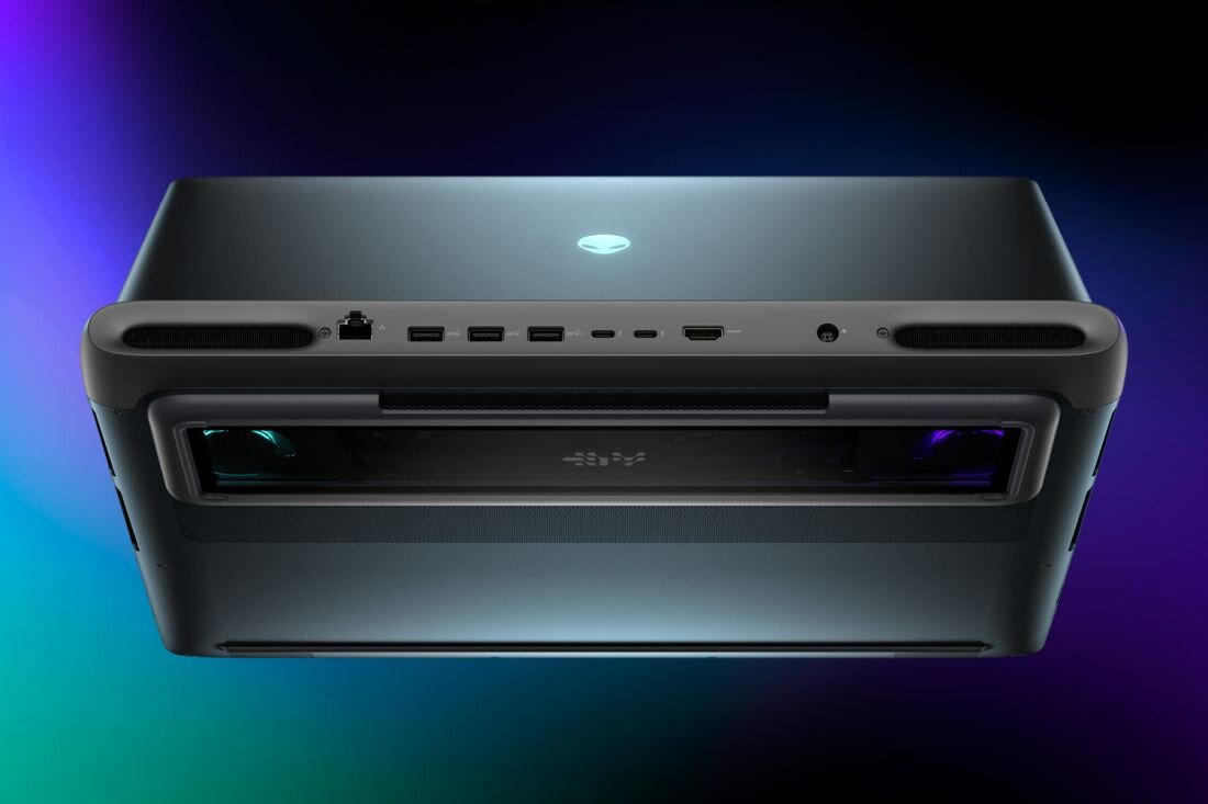 Tylny panel laptopa Dell Alienware z portami Thunderbolt 5 USB-C HDMI Ethernet i podświetleniem AlienFX RGB na niebieskim tle - USB-A HDMI Thunderbolt 5 Ethernet RJ-45