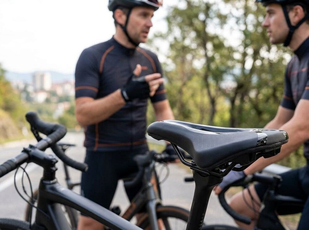 Siodełko ROCKBROS 38210005001, komfort, jazda, wygoda, rower, Rowerzyści rozmawiający obok siodełka rowerowego.