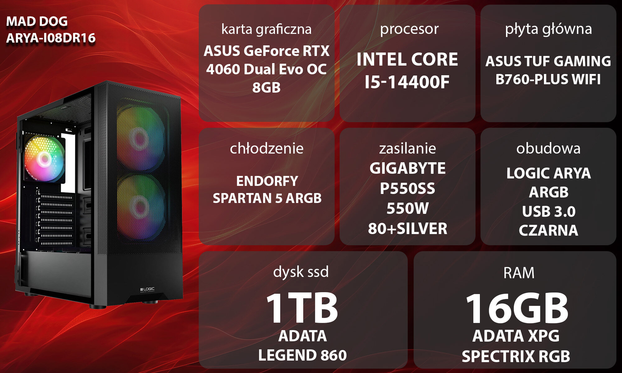 Komputer MAD DOG ARYA-I08DR16 Grafika przedstawiająca specyfikację komputera, z podziałem na podzespoły. W lewej części znajduje się model komputera, a obok niego informacje o podzespołach, opis