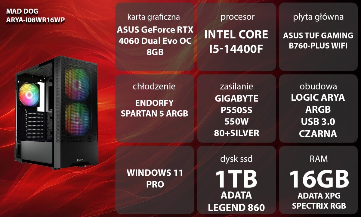 Komputer MAD DOG ARYA-I08WR16WP Grafika przedstawiająca specyfikację komputera, z podziałem na podzespoły. W lewej części znajduje się model komputera, a obok niego informacje o podzespołach, opis