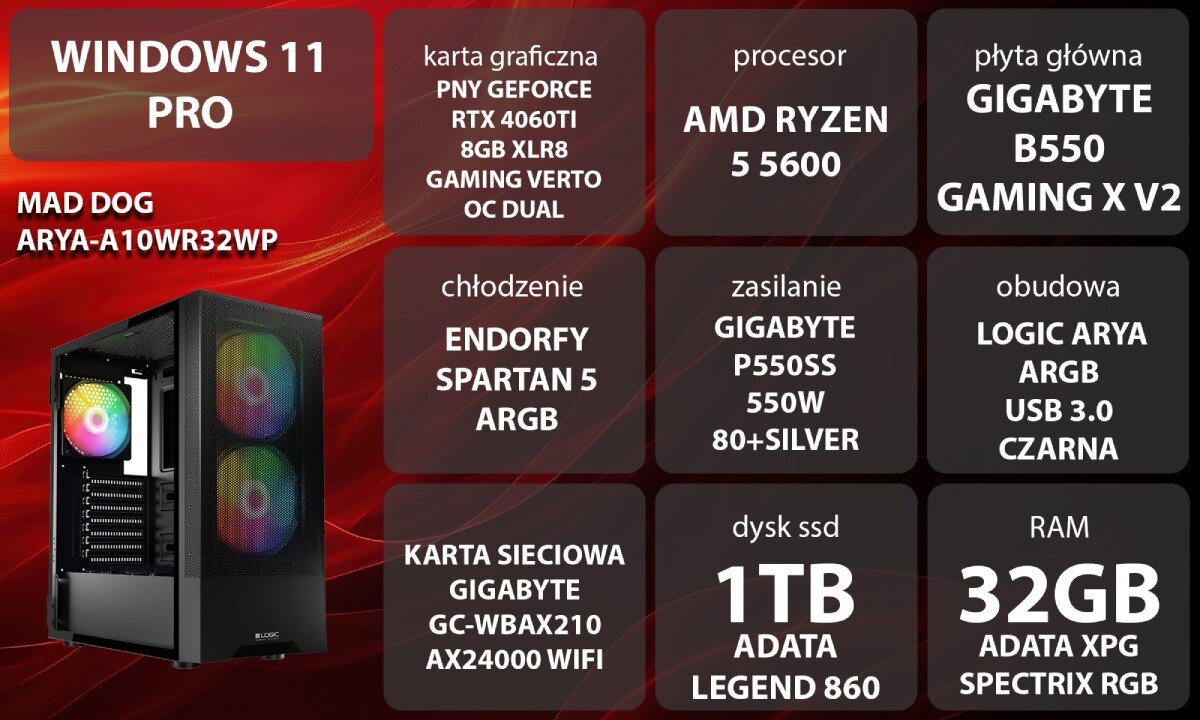 Komputer MAD DOG ARYA-A10WR32WP Grafika przedstawiająca specyfikację komputera, z podziałem na podzespoły. W lewej części znajduje się model komputera, a obok niego informacje o podzespołach, opis